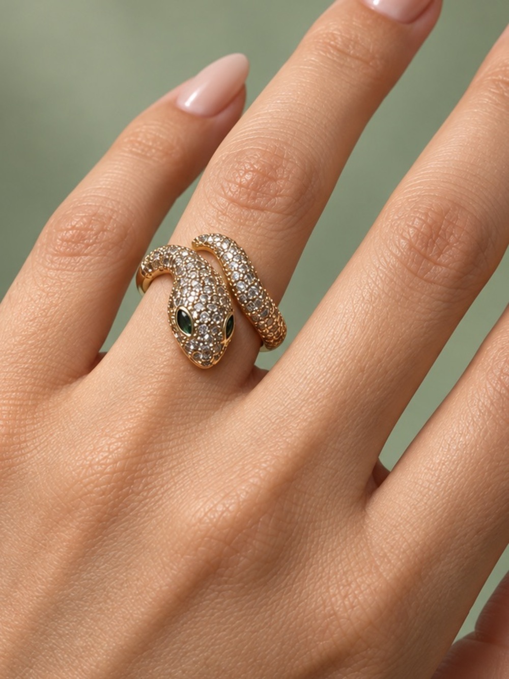 Gold Serpent Pave Ring with Green Eyes